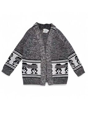 Alpaca Cardigan Grey Inca Geometric Tribal Figure Grandpa Sweater Size Large
